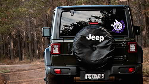 Sticker on back windshield of jeep