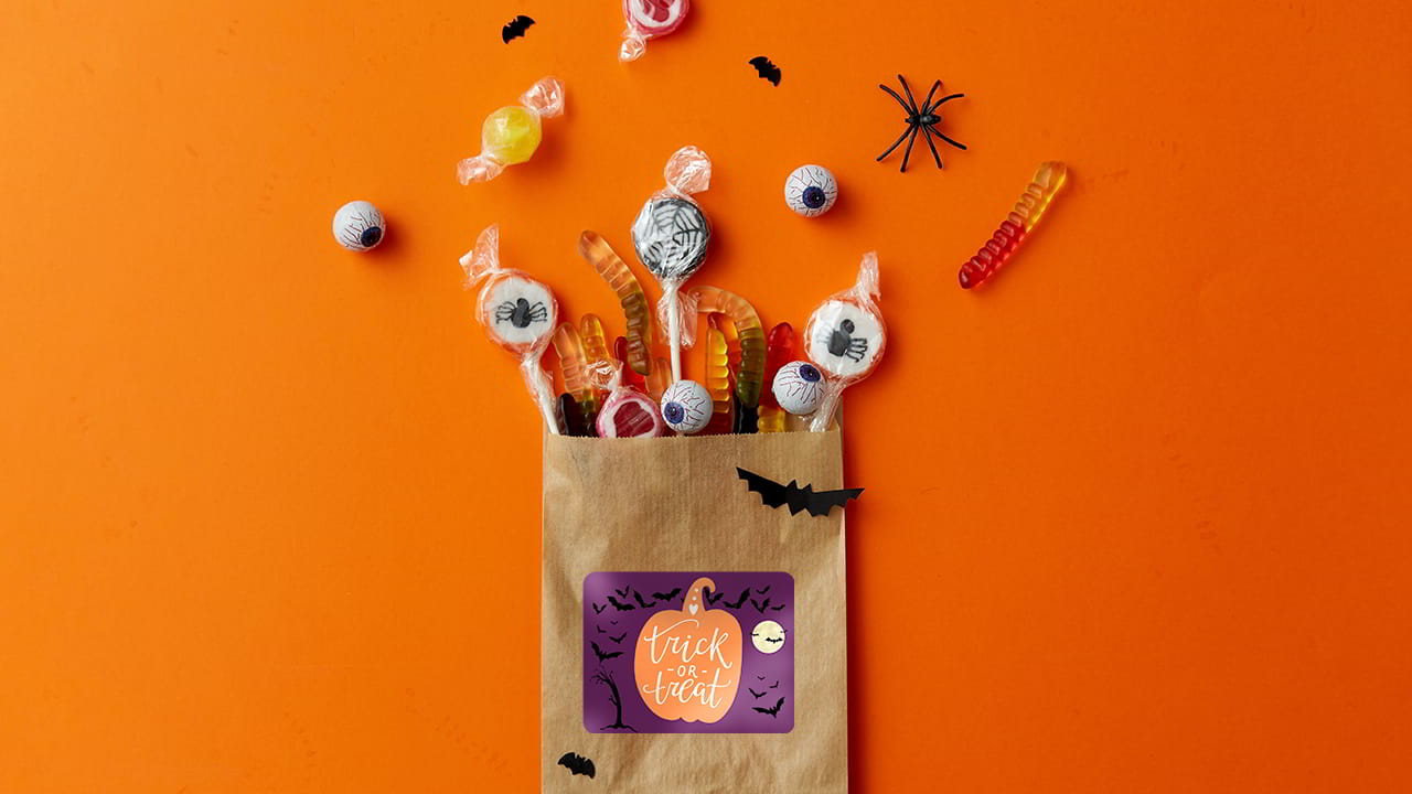 Halloween sticker on bang of halloween candy